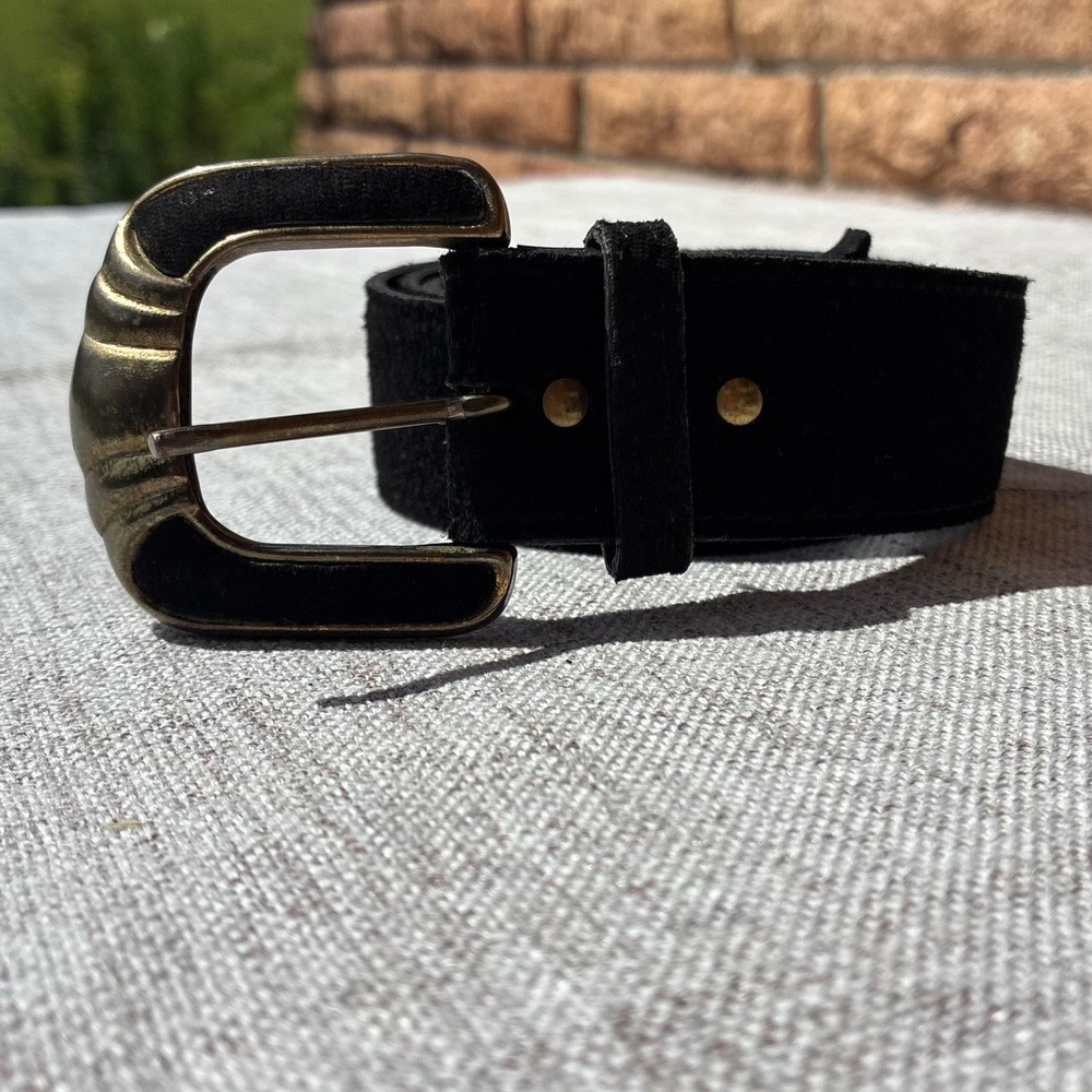 Vintage Black Suede Leather Belt Brass Scalloped Buckle Size 30 Made in USA 3527